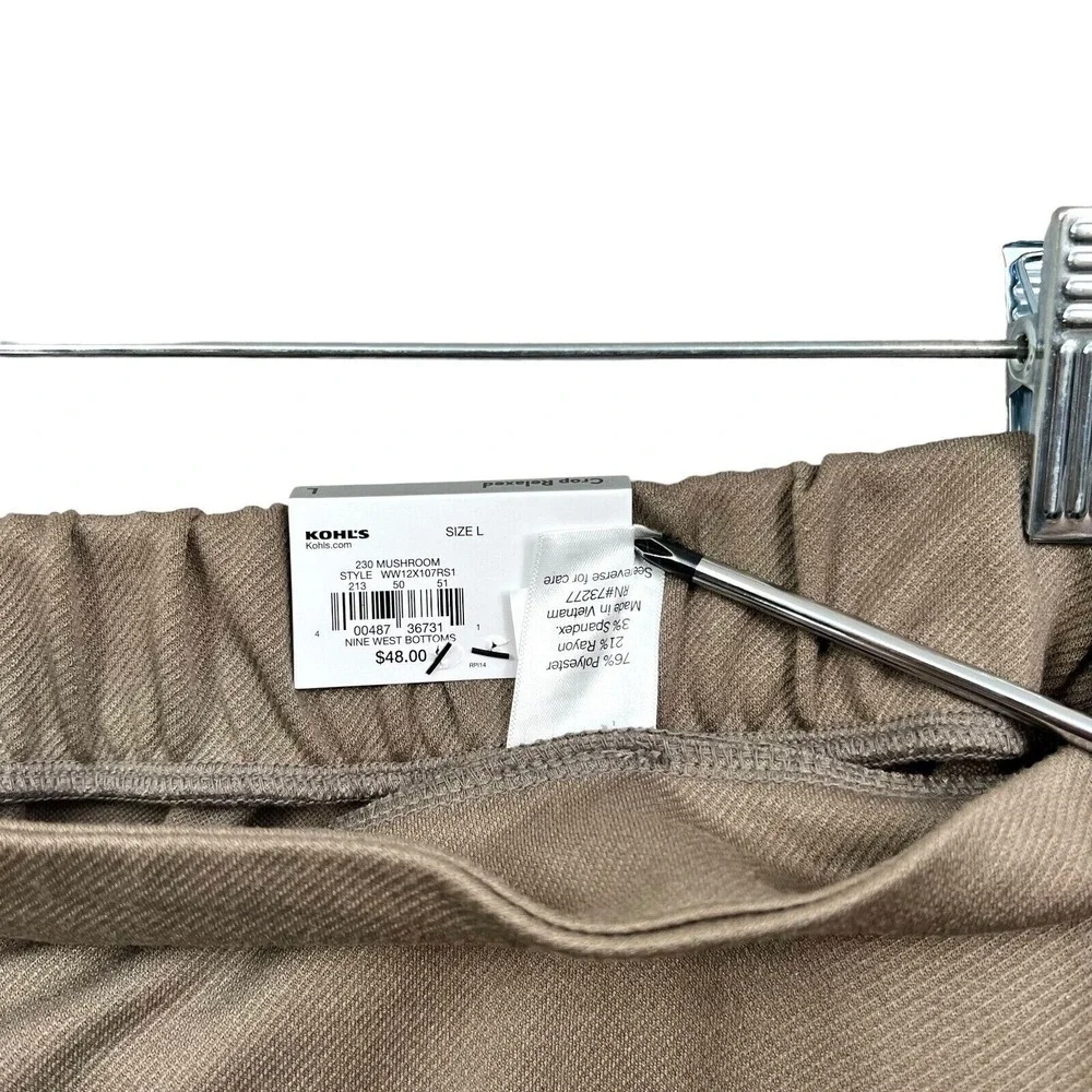 Nine West Womens Crop Pants Relaxed Straight Elastic Waist Flat Pull Up Tan L*